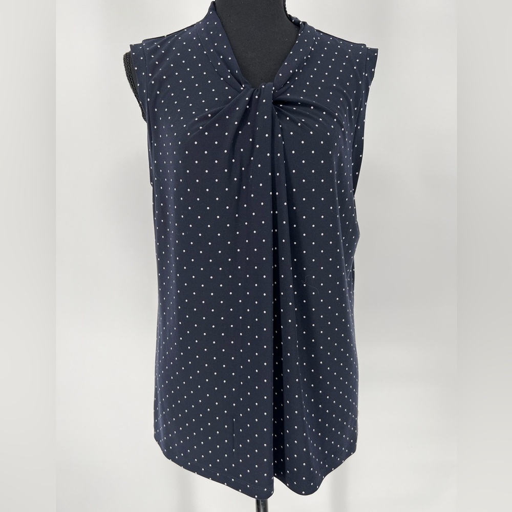 TOMMY HILFIGER NAVY BLUE WITH POLKA DOT SLEEVELESS TOP WITH VNECK WITH FAUX KNOT